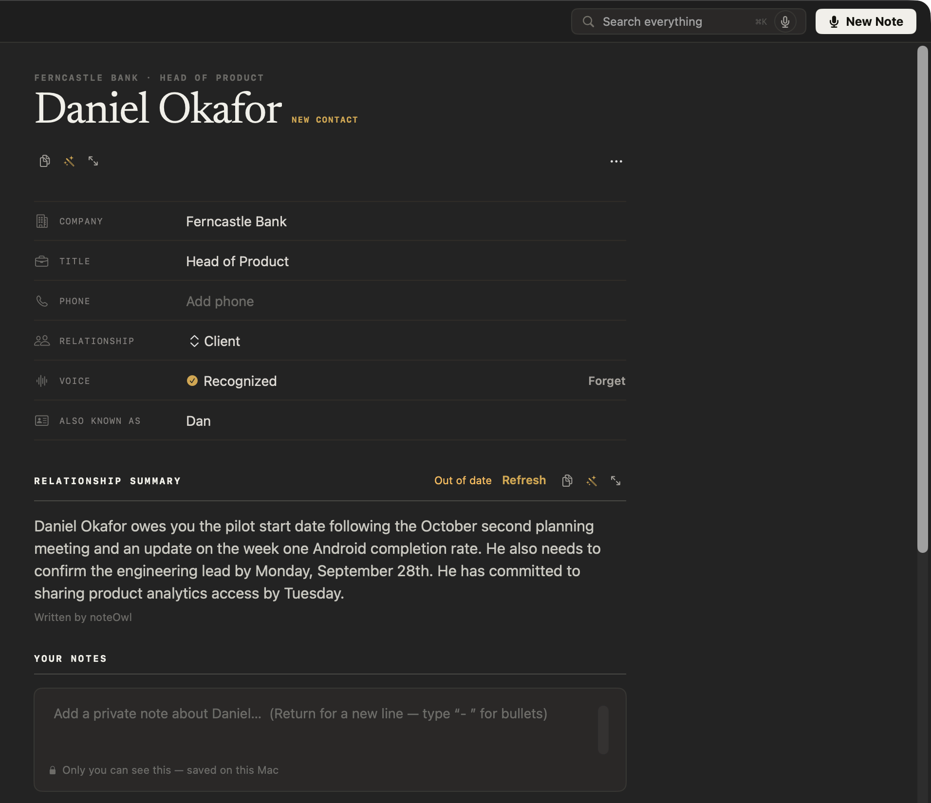 Daniel Okafor's profile in NoteOwl: Ferncastle Bank, Head of Product, client, voice recognised, and a relationship summary of what he owes