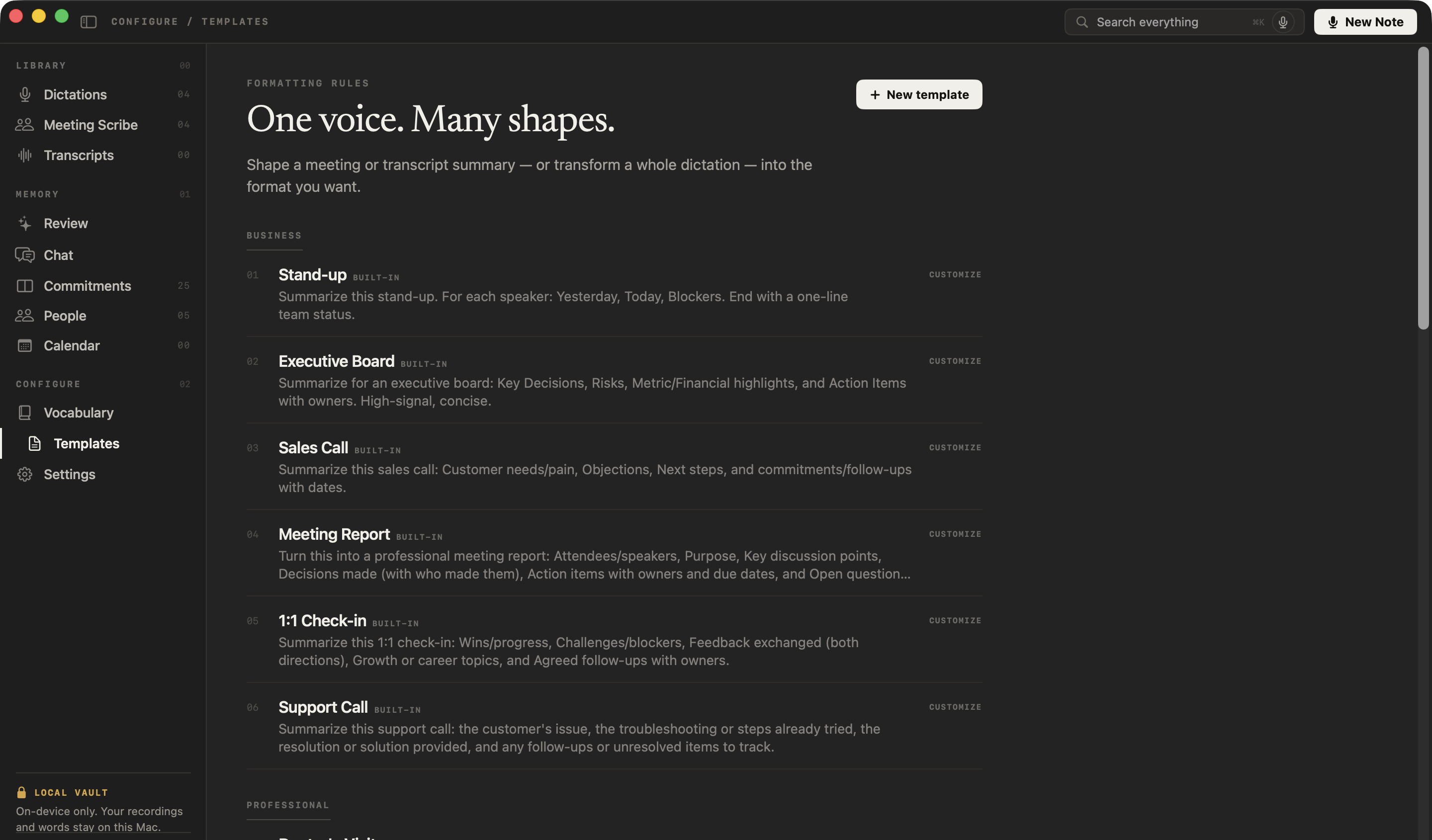 NoteOwl’s Templates screen listing the Business templates, with the Sales Call template’s instruction: customer needs, objections, next steps and follow-ups with dates