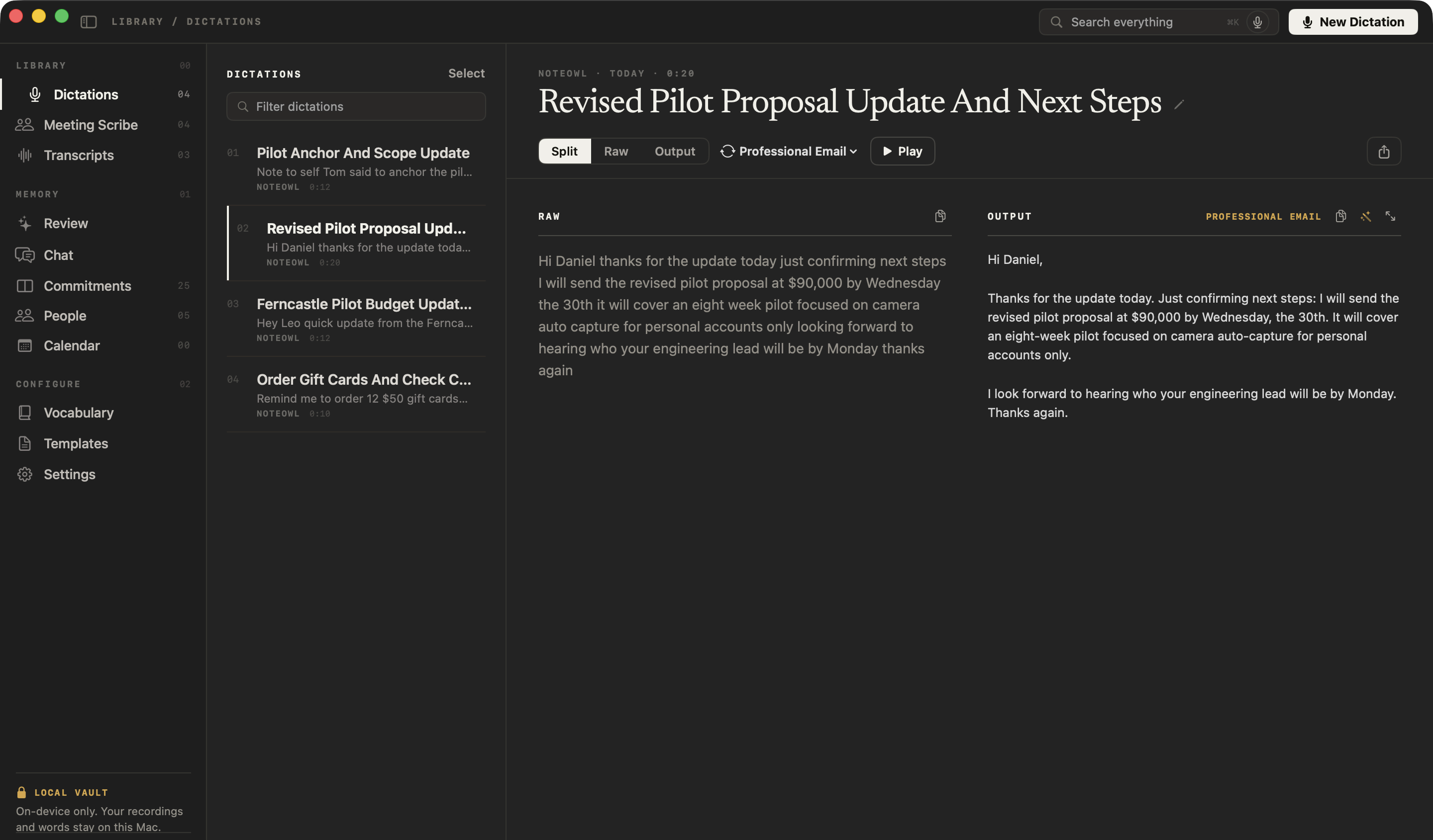 NoteOwl’s Dictations screen: a spoken email with the raw transcript beside the Professional Email version