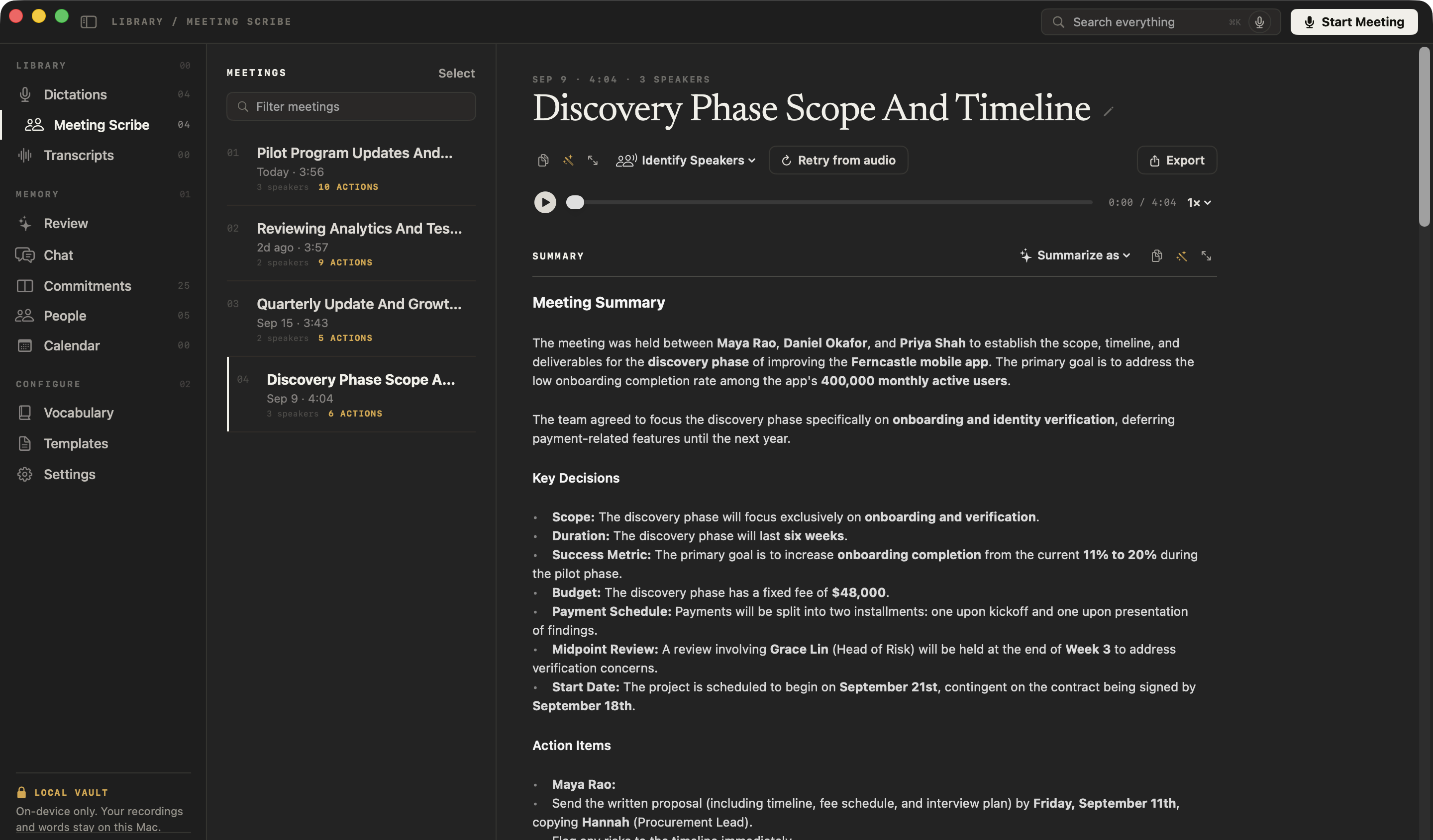NoteOwl's Meeting Scribe screen with a recorded meeting open, showing its summary, key decisions and action items