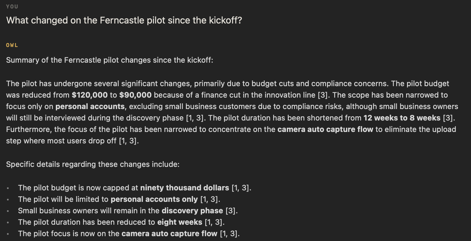 A cited answer in NoteOwl Chat: the budget cut from $120,000 to $90,000, the narrower scope and the shorter timeline, each with a numbered reference