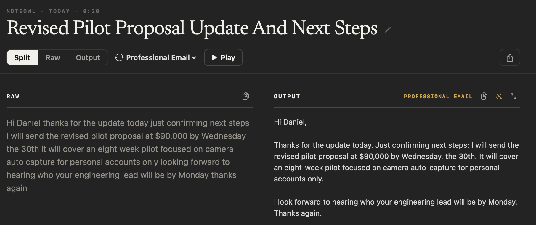 A NoteOwl dictation on a Mac: the raw spoken words beside the finished professional email