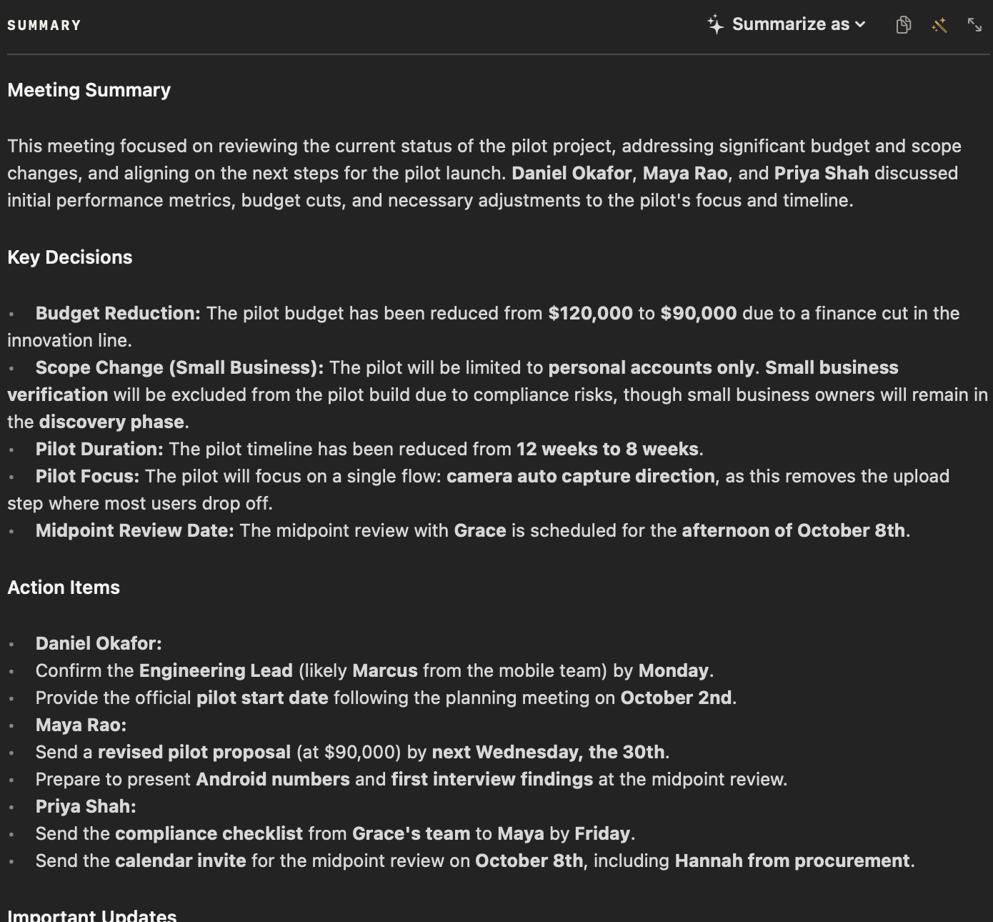 A meeting summary in NoteOwl, with the Summarize as menu above its key decisions and action items