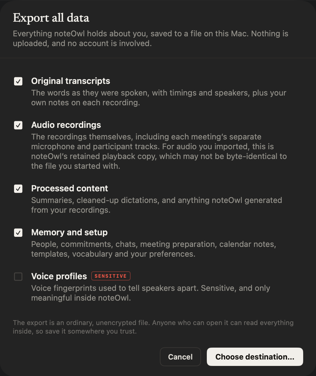 NoteOwl’s Export all data sheet on a Mac: Original transcripts, Audio recordings, Processed content and Memory and setup ticked, Voice profiles unticked and marked sensitive, and Choose destination…