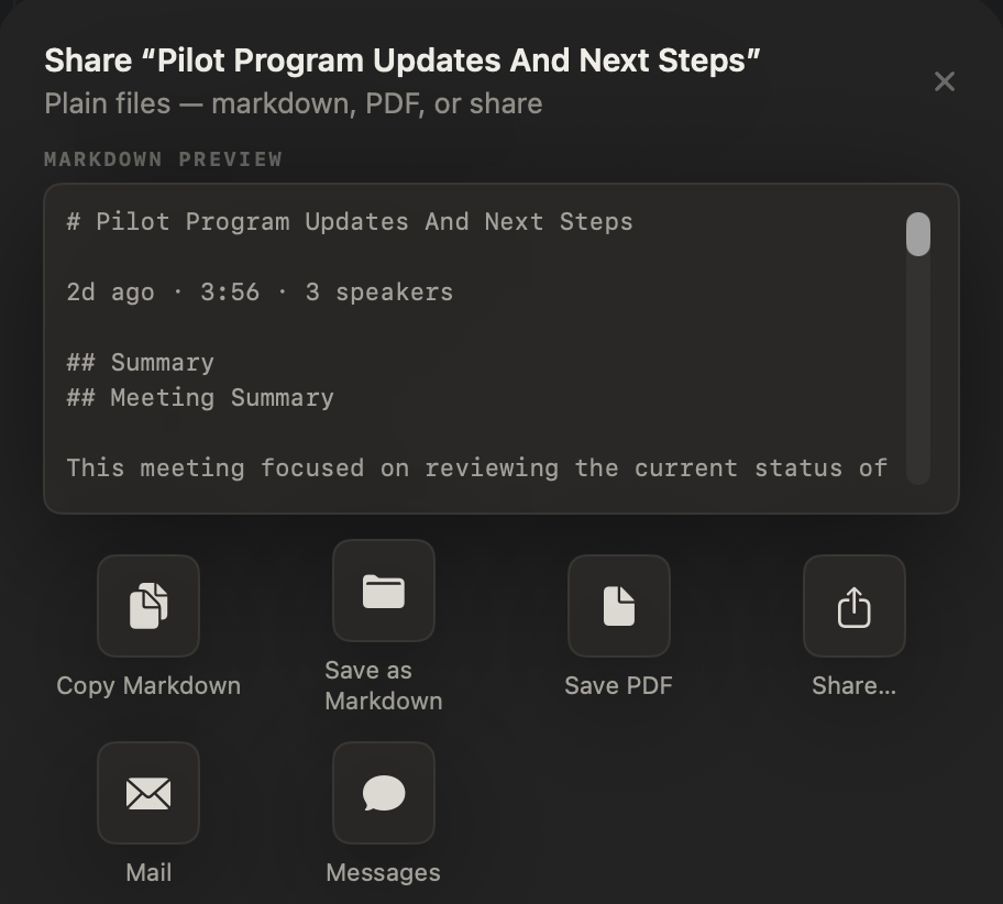 Exporting meeting notes in NoteOwl on a Mac: a meeting’s Share sheet with a Markdown preview and Copy Markdown, Save as Markdown, Save PDF, Share…, Mail and Messages
