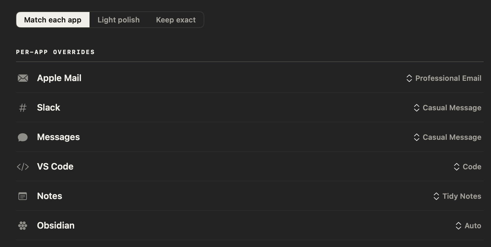 NoteOwl Settings, Auto-Context: Match each app selected, and per-app overrides — Apple Mail Professional Email, Slack and Messages Casual Message, VS Code Code, Notes Tidy Notes, Obsidian Auto