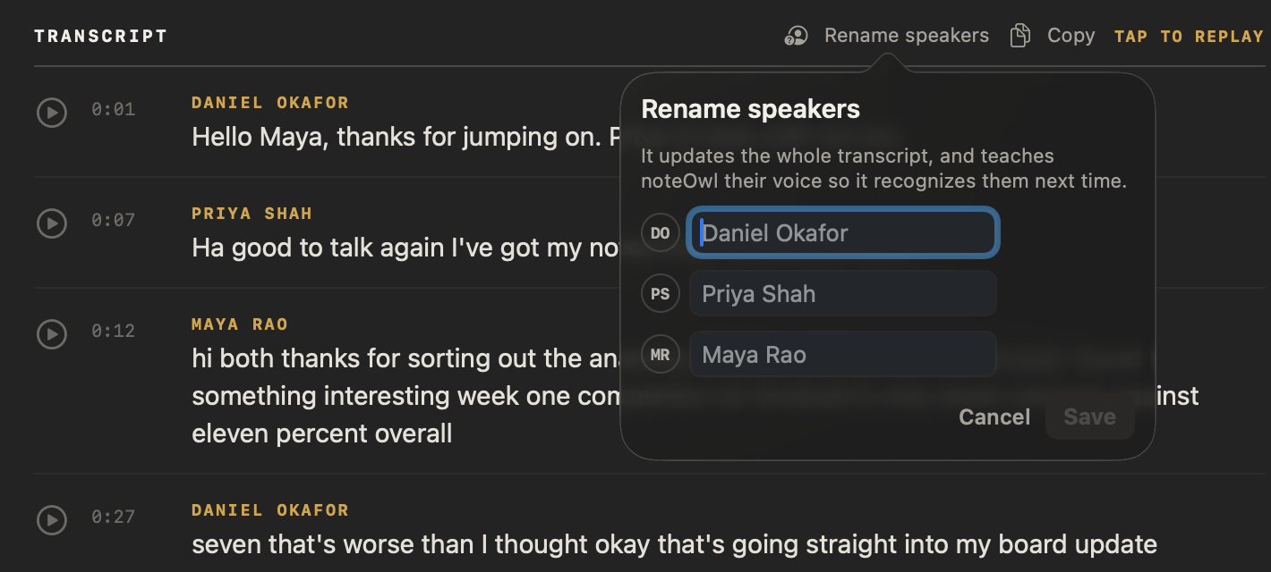 The Rename speakers panel in NoteOwl over a meeting transcript, with a name field for each of three speakers and Cancel and Save buttons