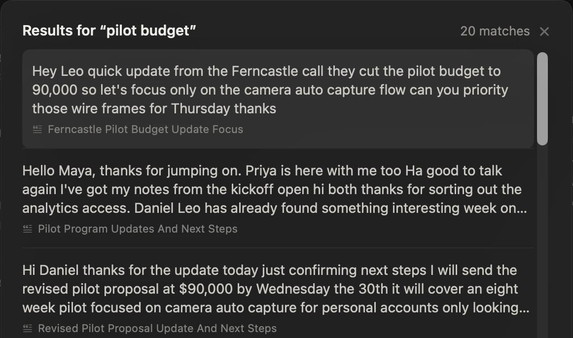 Search results in NoteOwl for “pilot budget”: matching passages from meetings and notes, each with the title of the recording it came from