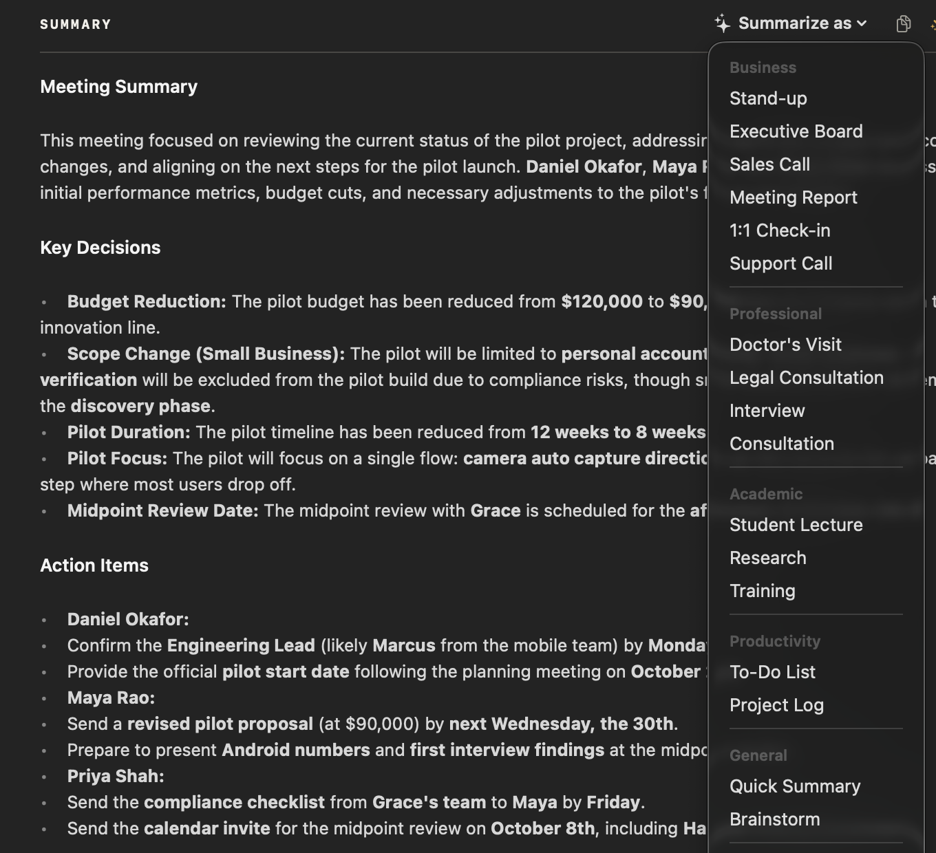 The Summarize as menu in NoteOwl, listing Stand-up, Executive Board, Sales Call, Meeting Report, 1:1 Check-in and the other built-in templates beside a meeting summary