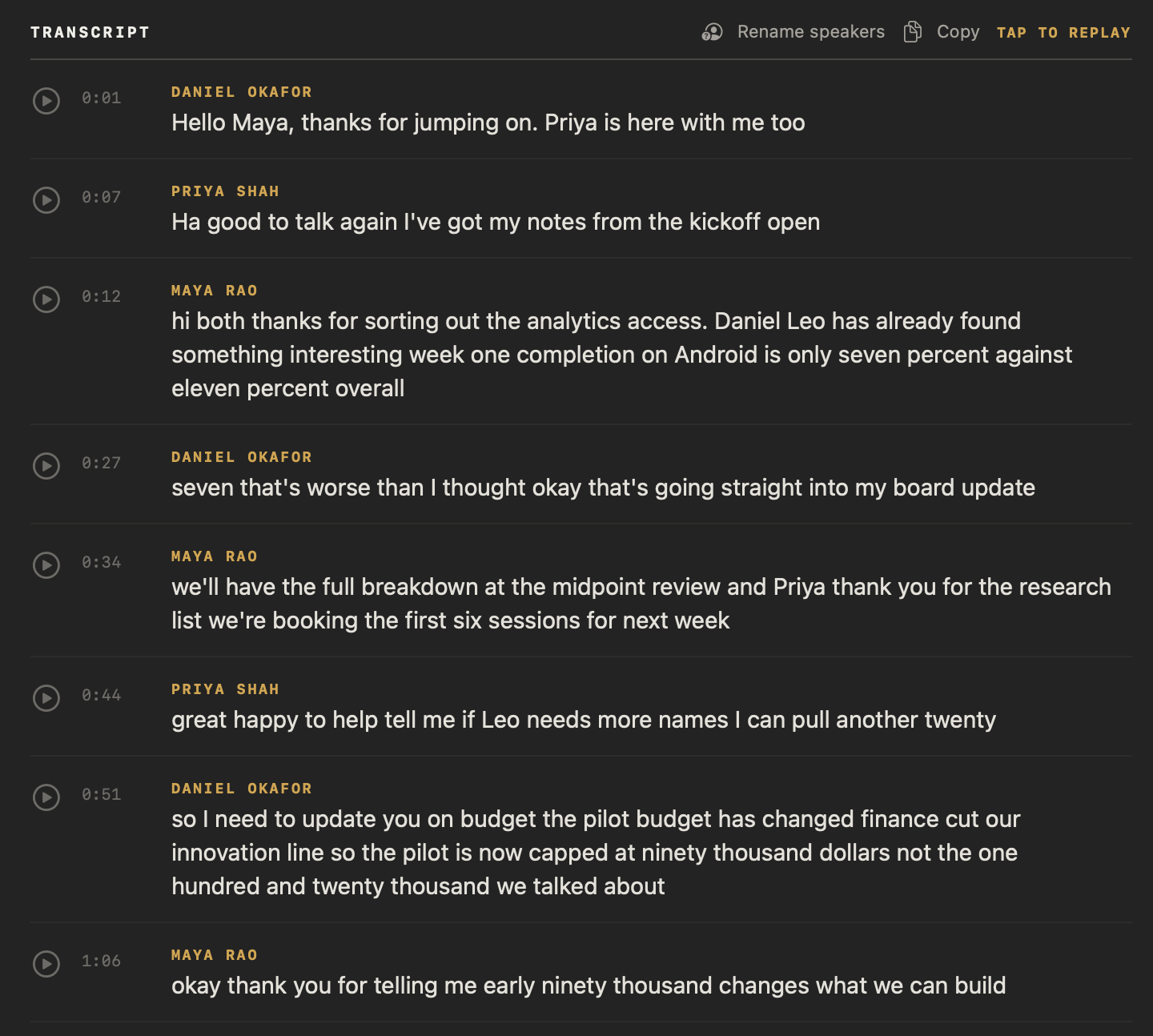 A NoteOwl transcript: each line with the speaker’s name, the time it was said and a button to replay it