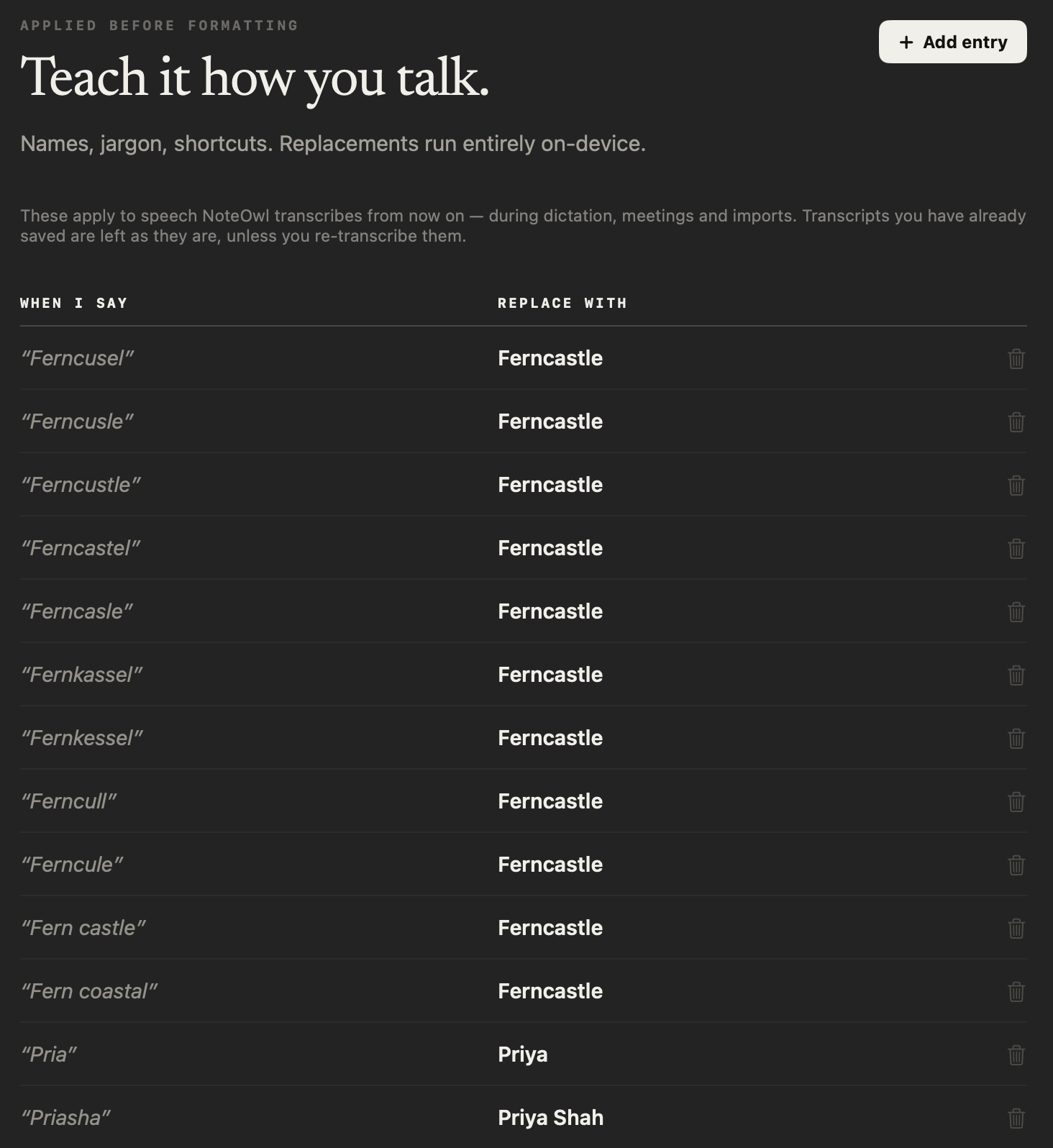 NoteOwl’s Vocabulary screen, “Teach it how you talk.”: rules under When I say and Replace with that fix misheard names, with an Add entry button
